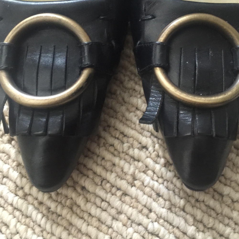 Yves Saint Laurent Black Leather Pointed Toe Heels with Gold Rings